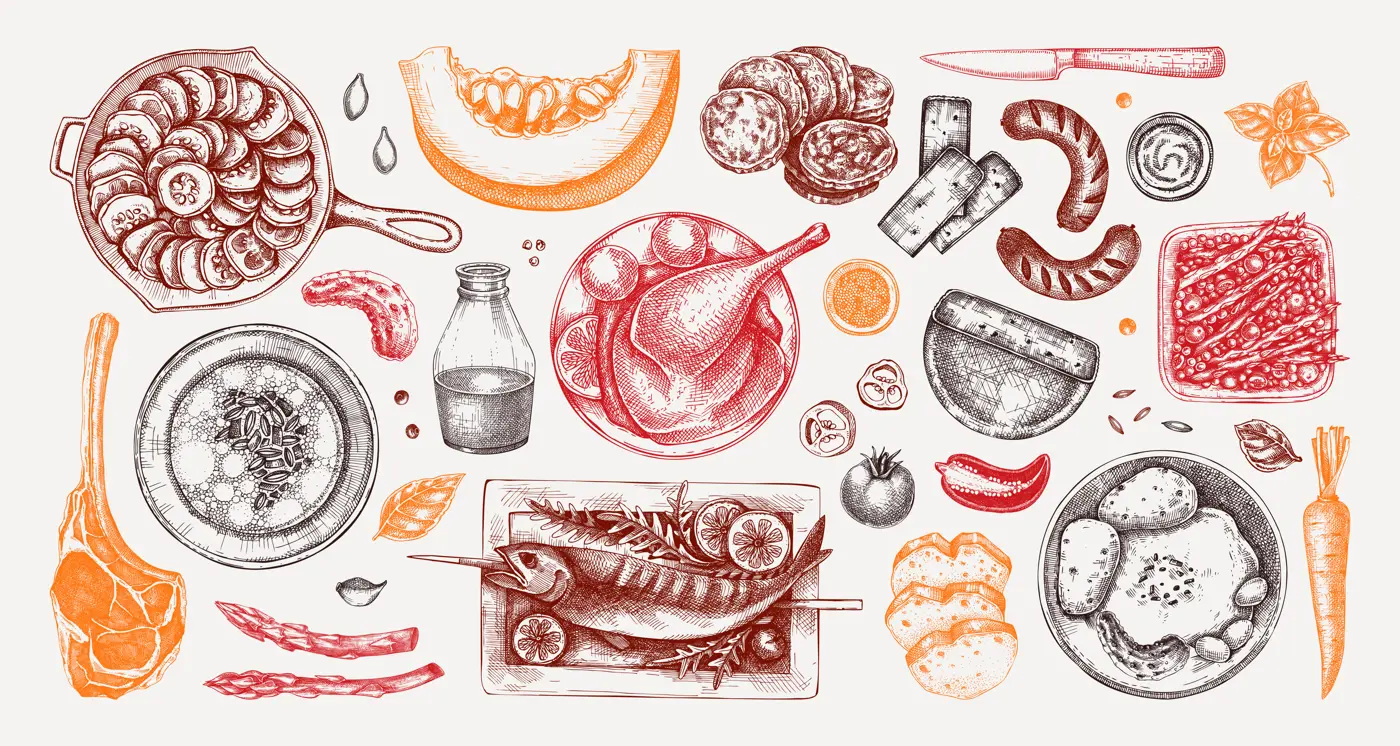 Farmhouse food hand drawn vector illustrations. Rustic kitchen engraved style sketches. Family dinner design elements. NOT AI generated. Illustration